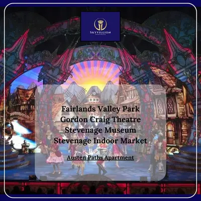 a sign for a fairizard valley park concert city theatre at Skyvillion - STEVENAGE SPACIOUS & COZY 3Bed House with Parking, Wifi, Garden in Aston End