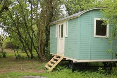 a blue tiny house on a trailer in the woods at The Tawny Shepherd Hut, Whitehouse Farm in Stowmarket
