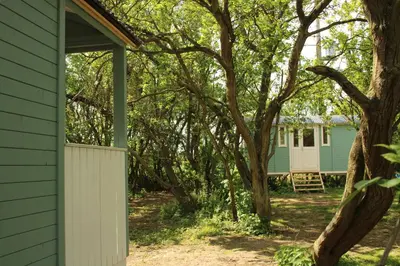 a green house with a white fence and trees at The Tawny Shepherd Hut, Whitehouse Farm in Stowmarket