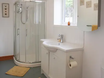 a bathroom with a sink and a shower at Haycart Barn in Norwich