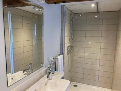 a bathroom with a sink and a shower and a mirror at Simpers Drift, Great Glemham in Saxmundham