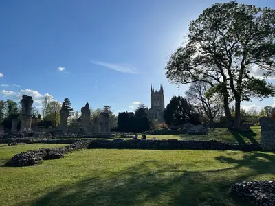 a field with a tree and a church in the background at Charming 3 bedroom property in Bury St Edmunds in Bury Saint Edmunds