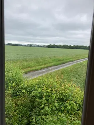 a view of a field from a train window at The Shed in Long Stratton