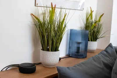 a table with two potted plants on it at 121 Studio - Apartment with Kitchen, Terrace, Stansted Airport Shuttle in Bishops Stortford