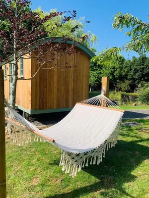 a hammock in the grass in front of a building at The Dragonfly Shepherds Hut in Colchester