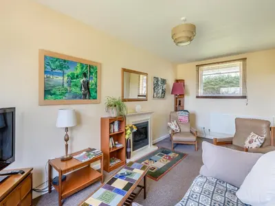 a living room with a couch and a tv at Beach View Cottage in Felixstowe