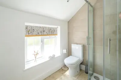 a bathroom with a toilet and a window and a shower at Laurel Cottage - Aldeburgh Coastal Cottages in Blyford