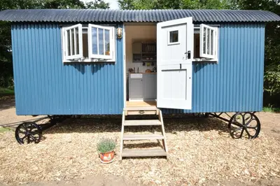 a blue tiny house with a ladder and a door at Shepherds Pightle in Hollesley