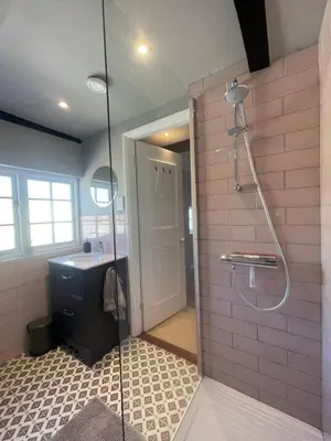 a bathroom with a shower and a sink at Cathedral View Apartment, Flat 4 in Bury Saint Edmunds
