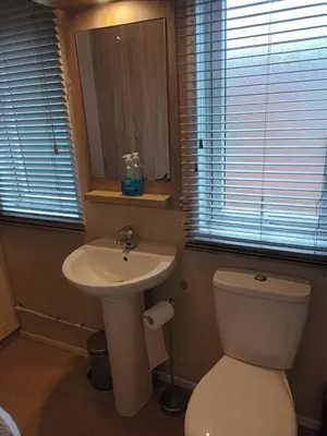 a bathroom with a white toilet and a sink at Fern Lodge with Hot Tub in Stonham Aspall