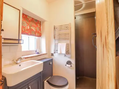 a bathroom with a sink and a toilet and a shower at Postbox Cottage in Thetford