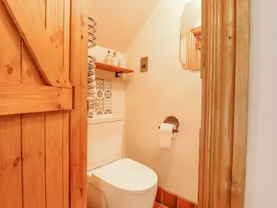 a bathroom with a toilet and a wooden door at Postbox Cottage in Thetford