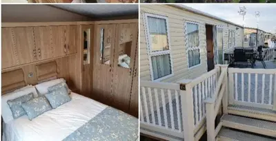 two pictures of a bedroom with a bed and a house at None available in Jaywick Sands