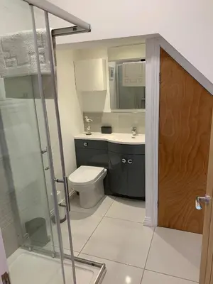 a bathroom with a toilet and a sink and a shower at The old forge in Graveley