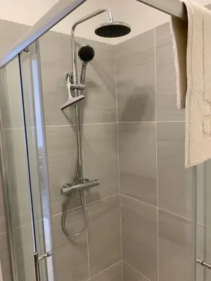 a shower with a shower head in a bathroom at The old forge in Graveley