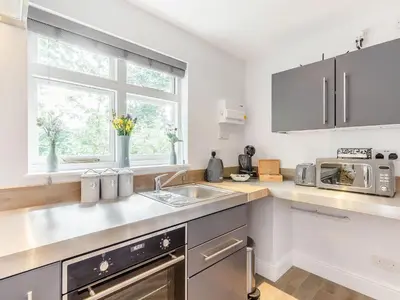 a kitchen with a sink and a microwave at Peacock On The Pin in Stisted