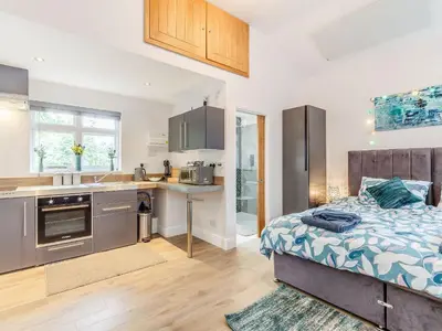 a kitchen and a bedroom with a bed in a room at Peacock On The Pin in Stisted