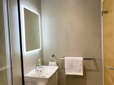 a bathroom with a sink and a shower with a mirror at 72 Ashley Road in Newmarket