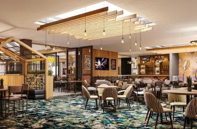 a rendering of a restaurant with tables and chairs at 1 Martello Beach 8 berth holiday home with pools in Clacton-on-Sea