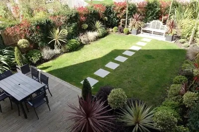 an aerial view of a garden with a table and chairs at Violet Place in Broomfield