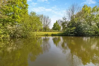 a body of water with trees and a field at Tilly's, a two bedroom holiday retreat with hot tub and views of the pond in Barningham