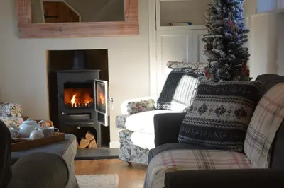 a living room with a christmas tree and a fireplace at Little Turnpike Cottage, Melton in Woodbridge