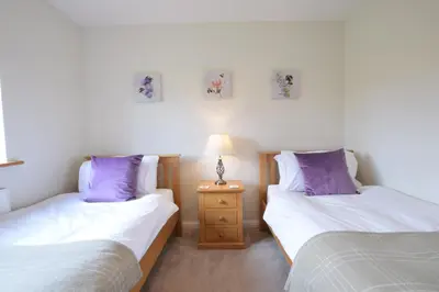 a bedroom with two beds and a lamp on a night stand at The Mulberry, nr Bungay in Bungay