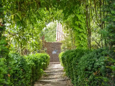 a path through a hedge with an archway at The Bothy at Snape Hall in Snape