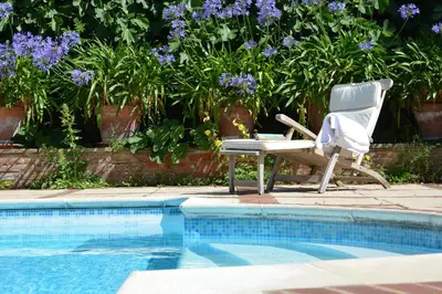 a chair sitting next to a swimming pool at Stable Cottage at the Grove, Great Glemham in Framlingham
