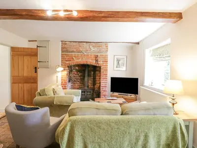 a living room with a couch and a fireplace at Shoemakers Cottage, Friston in Friston