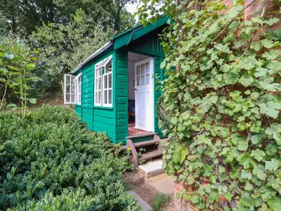 a green shed with a white door in a garden at Warren Cottage in Leavenheath