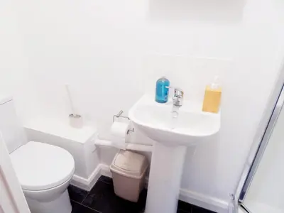 a white bathroom with a toilet and a sink at Modern, well located en-suite rooms with parking - Orbitat Accommodations in Cambridge
