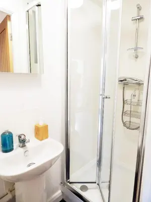 a bathroom with a shower and a sink at Modern, well located en-suite rooms with parking - Orbitat Accommodations in Cambridge