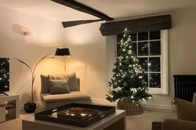 a living room with a christmas tree in front of a window at Crown Street in Bury Saint Edmunds