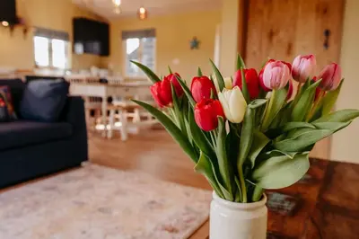 a vase filled with red and white tulips in a living room at Beautiful Cottage in Bredfield near to Woodbridge on the Suffolk Coast in Bredfield
