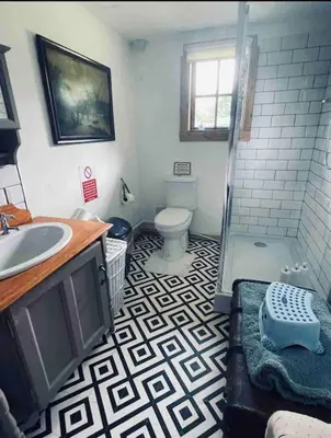 a bathroom with a shower and a sink and a toilet at Spacious Cabin with Private Hot Tub, and Private Pool, in 5 Acres - intimate Special stay For 2 Adults - plus 1 child under 2 and up to 2 dogs stay for free in Downham