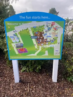 a sign for the fun starts here at a park at Modern 3 bedroom caravan near the beach in Walton-on-the-Naze