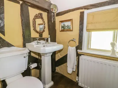 a bathroom with a sink and a toilet and a window at Waveney Cottage in Diss