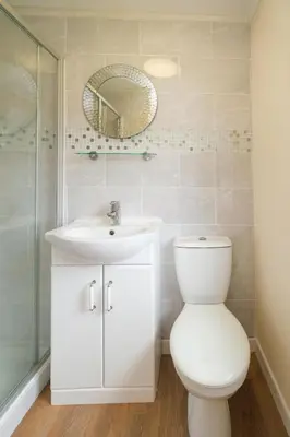 a bathroom with a toilet and a sink and a mirror at San Remo in Sizewell