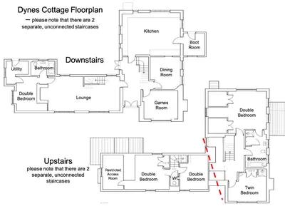 a floor plan of the duplex at Beautiful thatched Dynes Cottage Finchingfield sleeps 10 in Finchingfield