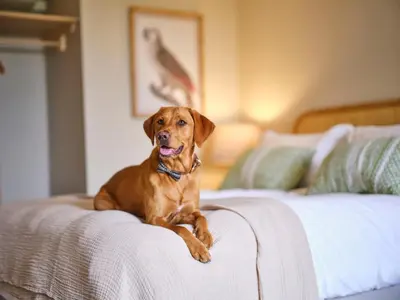 a brown dog laying on top of a bed at The Weeping Willow in Bury Saint Edmunds