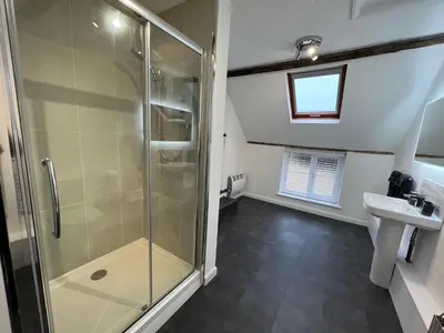 a bathroom with a shower and a sink at Dolls House Cottage in Hilborough