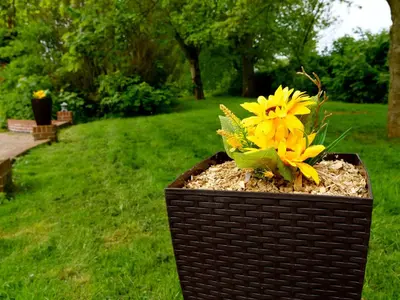 a yellow flower in a basket in a park at Deluxe 4 5 Bed Hot Tub Cinema Room 15 in Saffron Walden