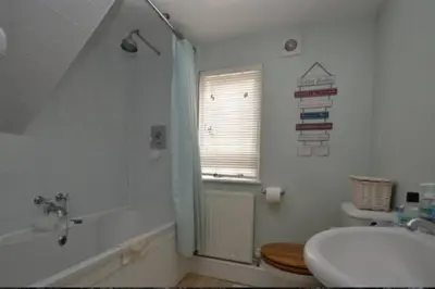 a bathroom with a tub and a toilet and a sink at Acacia Cottage in Halstead
