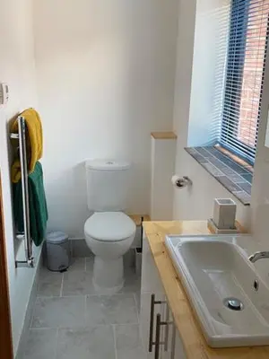 a bathroom with a white toilet and a sink at Wood Farm Barn in Laxfield