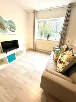 a living room with a couch and a television at Serene and Cozy 1-Bedroom House with Parking in Cambridge