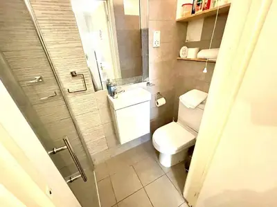 a bathroom with a toilet and a sink and a mirror at Serene and Cozy 1-Bedroom House with Parking in Cambridge