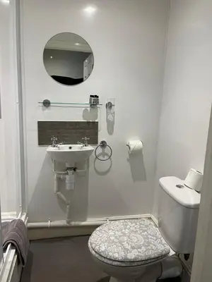 a white bathroom with a toilet and a sink at Painters at the Angel in Sudbury