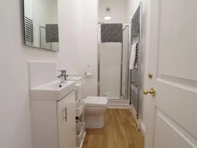 a white bathroom with a toilet and a sink at Feathers, Blythburgh in Halesworth