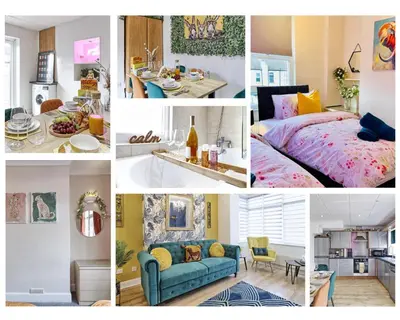 a collage of photos of a bedroom and a living room at Spacious 3 Bedroom and 2 Bathroom in Southend-on-Sea By Artisan Stays I Weekly or Monthly Stay Offer I Free Parking I Sleeps 7 in Southend-on-Sea